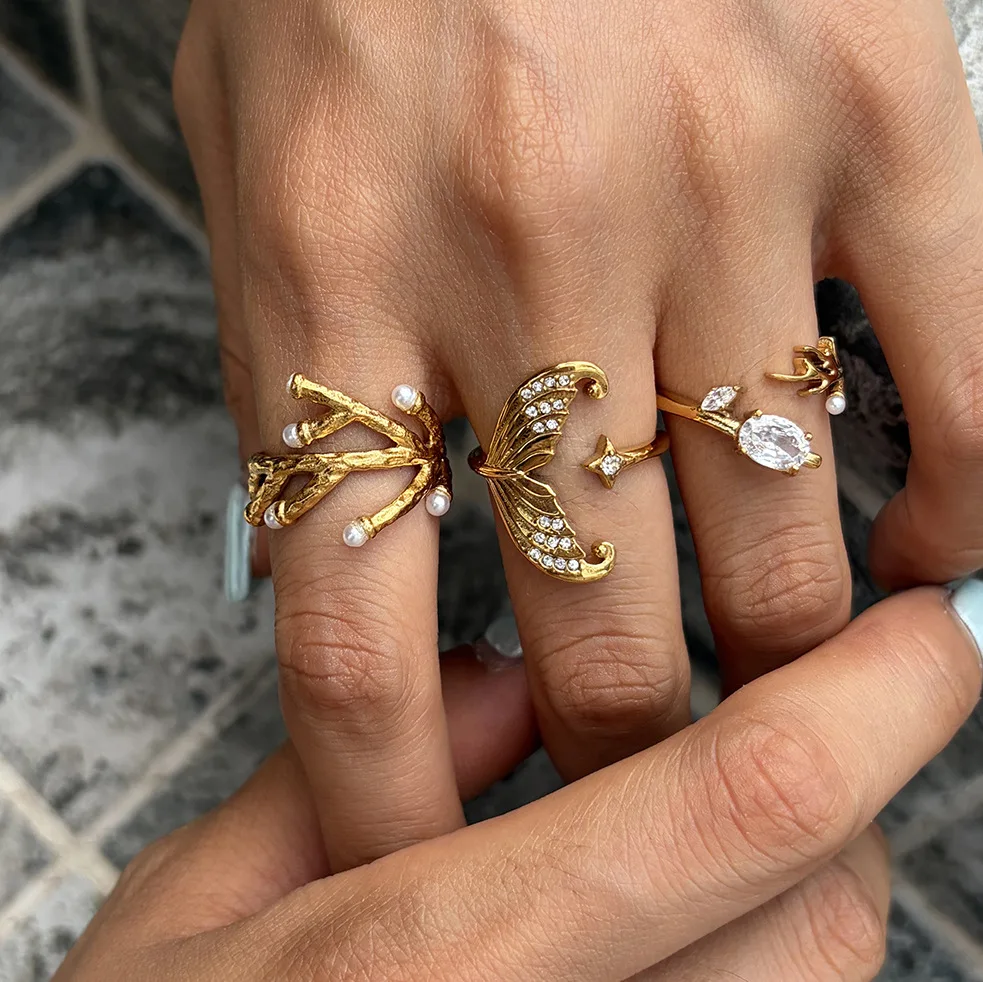 White Rhinestone Fish Tail Egg Shaped Rings Zircon Coral Open Ring For Women 18K PVD Gold Plated Stainless Steel Rings Set