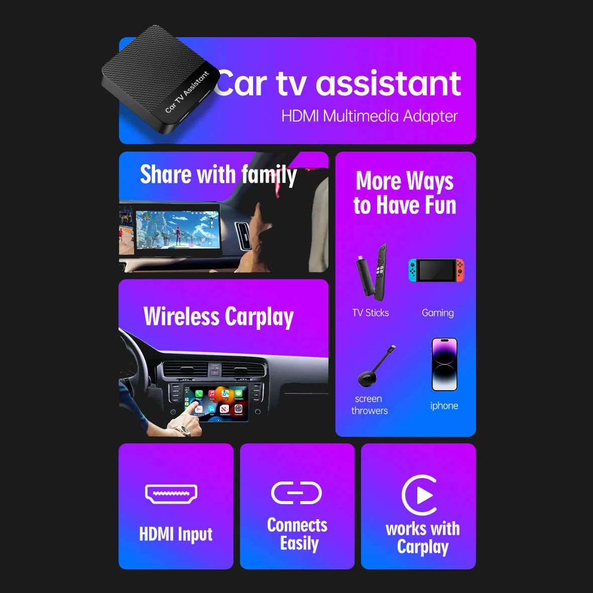 صندوق مساعد تلفزيون السيارة الجديد لعام 2024 لسيارات CarPlay السلكية 2.4G + 5 جيجا هرتز WiFi BT5.0 يدعم HDMl محول الوسائط المتعددة CarPlay اللاسلكي