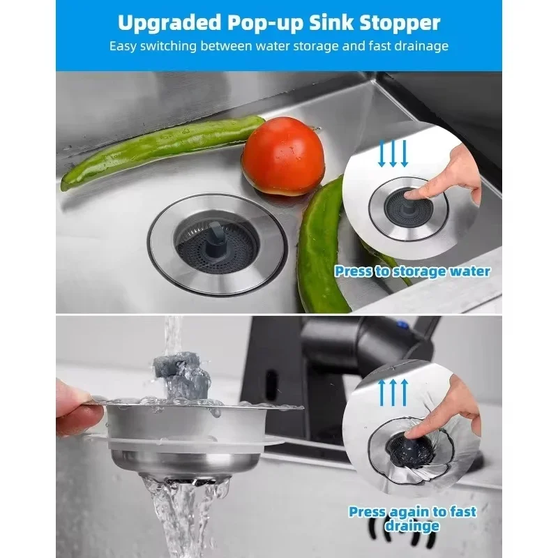 3 In 1 Kitchen Sink Stainless Steel Drain Filter Pop-Up Sink Clog Garbage Filter Basket Kitchen Sink Press Drain Filter Element