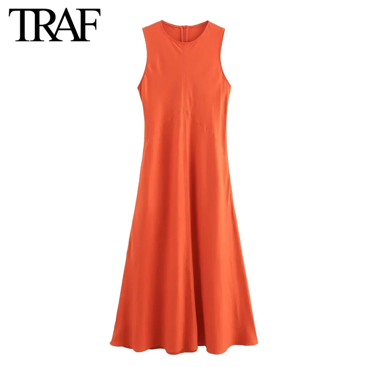 TRAF Women Fashion Summer New Solid Loose Linen Round Neck Sleeveless Back Zip Long Dress French Chic Female Evening Clothing