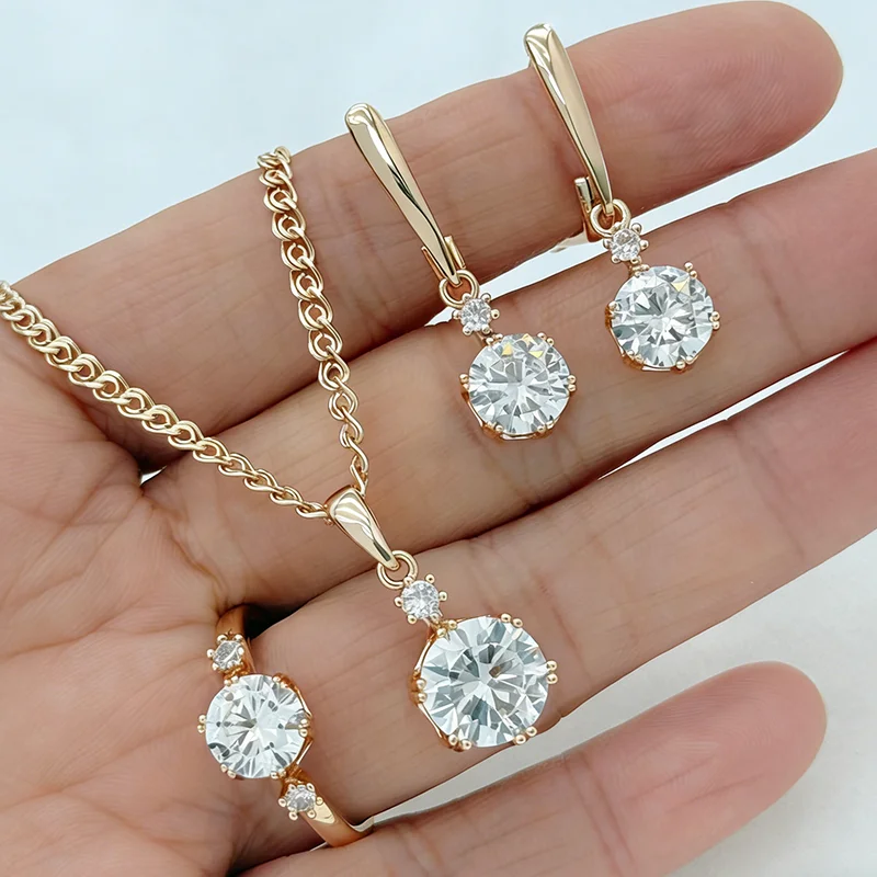 

Kinel Hot Shiny White Natural Zircon Jewelry Sets for Women Fashion 585 Rose Gold Color Ring Earring Necklace Daily Fine Jewelry