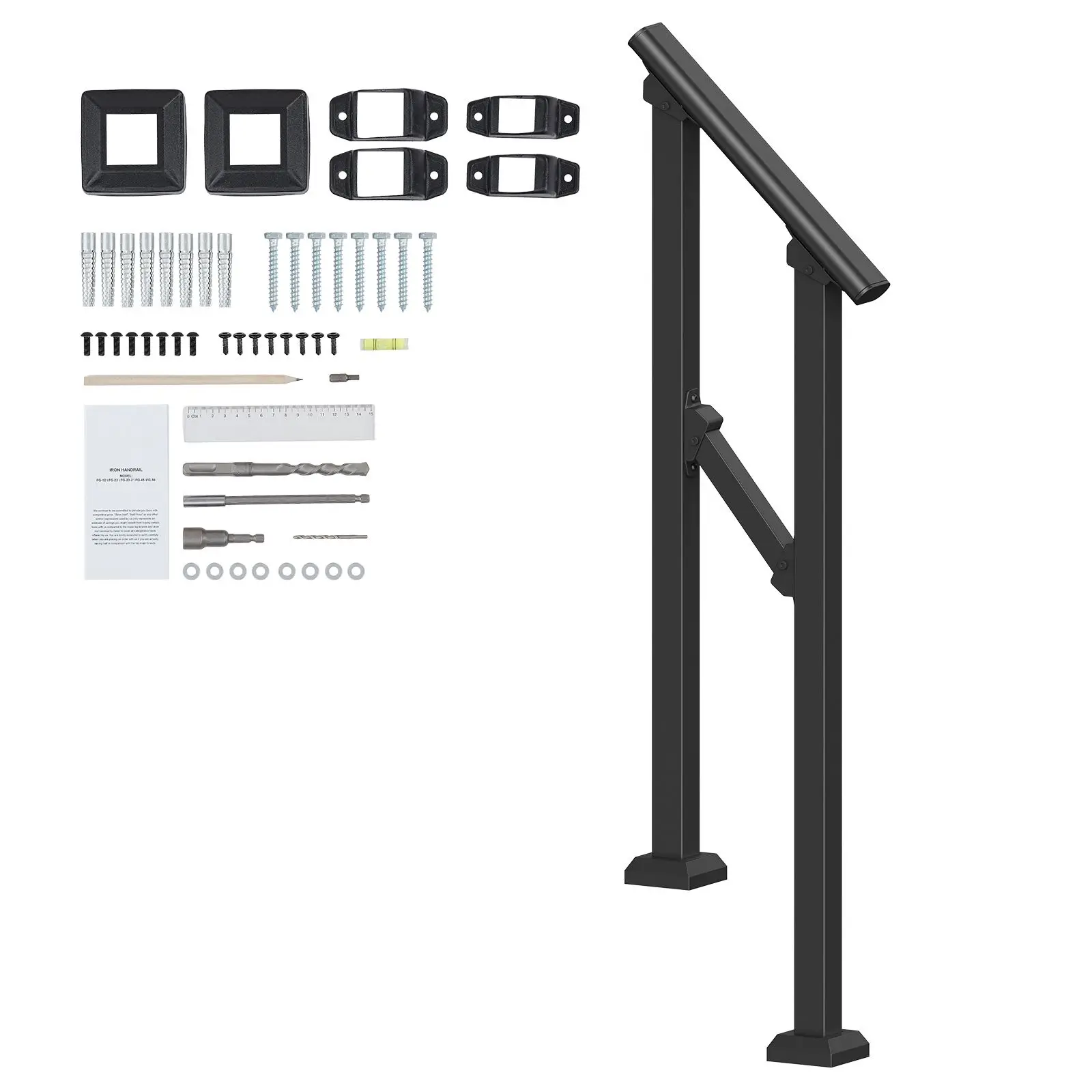 Handrails for Outdoor Steps, 1-2 Stair Hand Rail Kit, Transitional Carbon Steel Railings with Installation, Seniors, Concrete