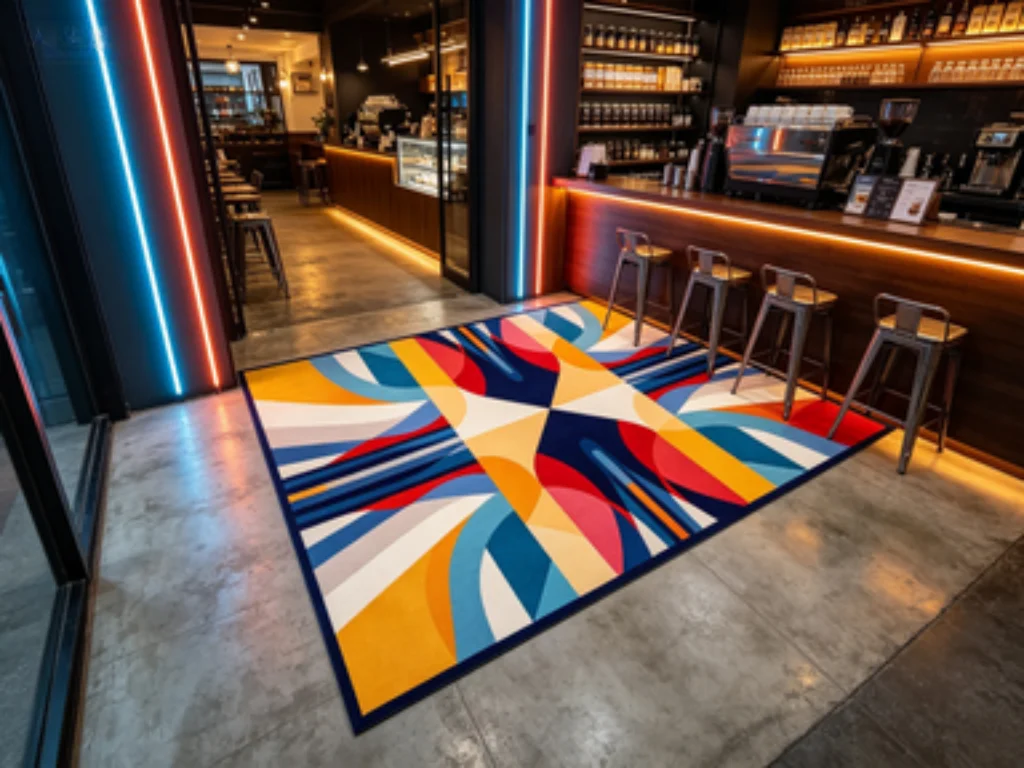 Geometric Patchwork Art Rug, Colorful Office Reception Mat, Mondrian Dot Art Carpet, Abstract Geometric Pattern Rug.