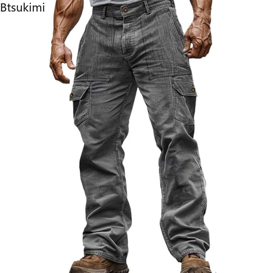 2026 Streetwear Fashion Men's Cargo Pants Autumn Outdoor Casual Solid Ribbed Corduroy Trousers Male Vintage Loose Straight Pants view 6