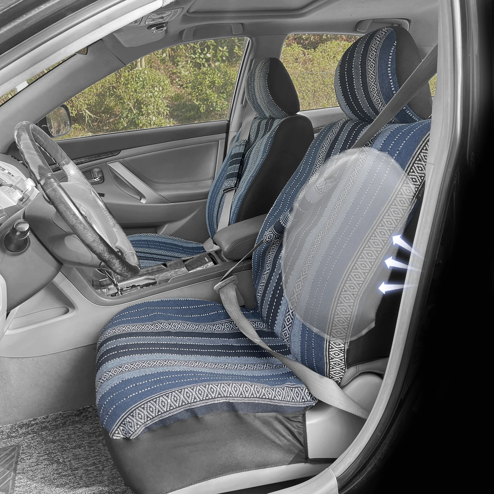 AUTOKING Blue Striped Ethnic Style Car Seat Covers Full Set for Sedan SUV Truck, Includes Front Rear Headrest & Seatbelt Pads