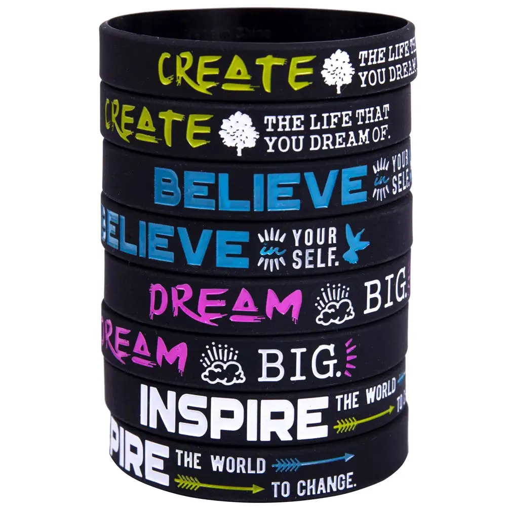 (12-Pack) Dream, Believe, Inspire, Create Motivational Quote Bracelets Silicone Rubber Wristbands Inspirational Gifts