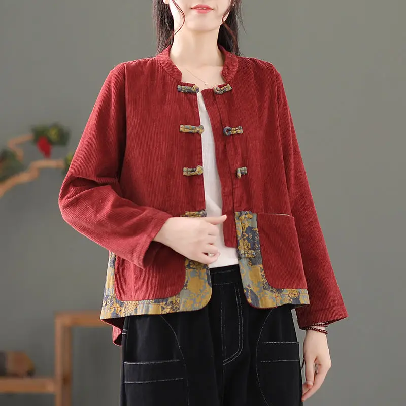 Corduroy jacket women's retro Chinese style disc button tea clothes printing stitching all-match outer wear striped velvet top