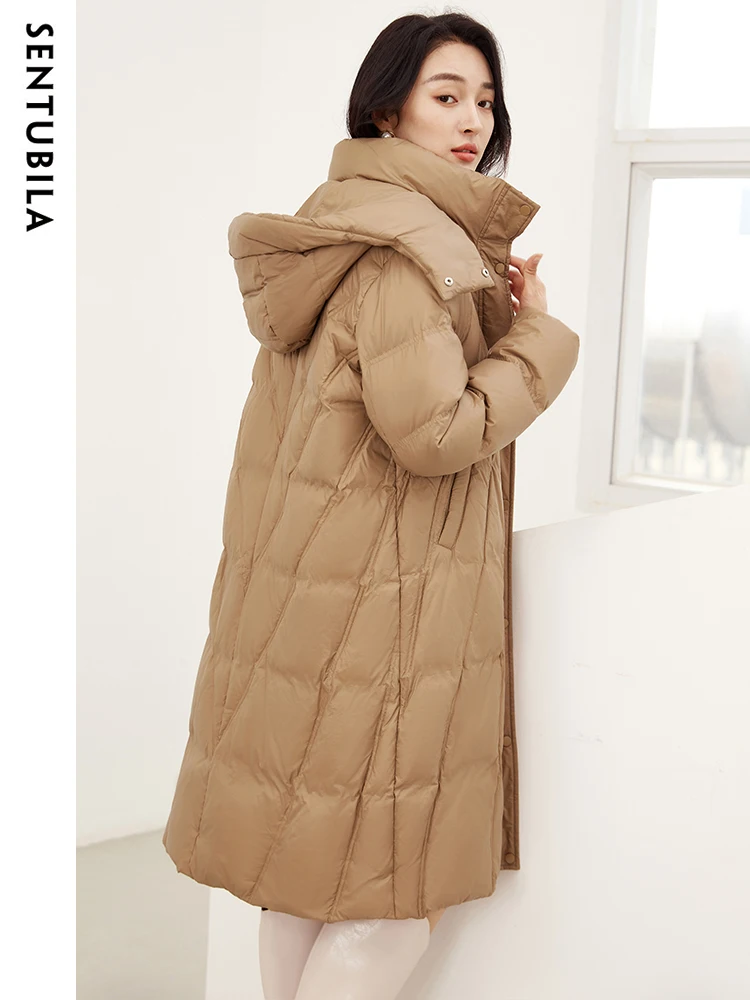 Imagem -02 - Jaqueta Puffer Sentubila com Capuz para Mulheres Comprimento Médio Gola de pé Cabolsas de Baixo Cinto Quente Moda Inverno 2023 W34y49490