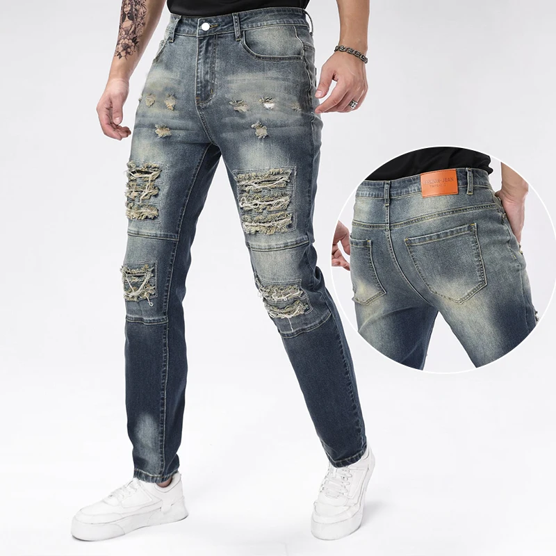 

Новинка 2023 года, модные джинсы, персонализированные джинсовые брюки с дырочками, высококачественные джинсовые брюки, узкие брюки с несколькими ремеслами в американском стиле, уличные брюки