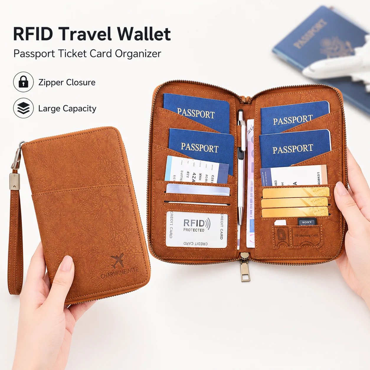 RFID Passport Holder Zipper Travel Wallet PU Leather Travel Document Organizer with Card Slots Boarding Pass Pocket Wrist Strap