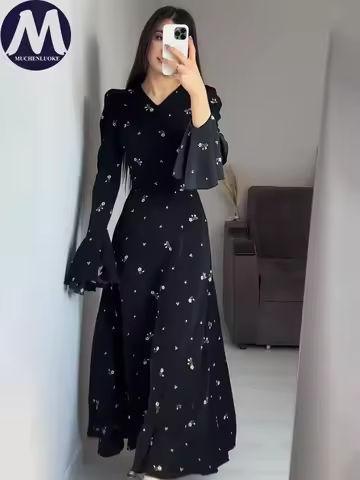 Elegant V Neck Slim Fit Dress for Women Spring Summer Lotus Leaf Sleeve Print Fashionable Evening Dress