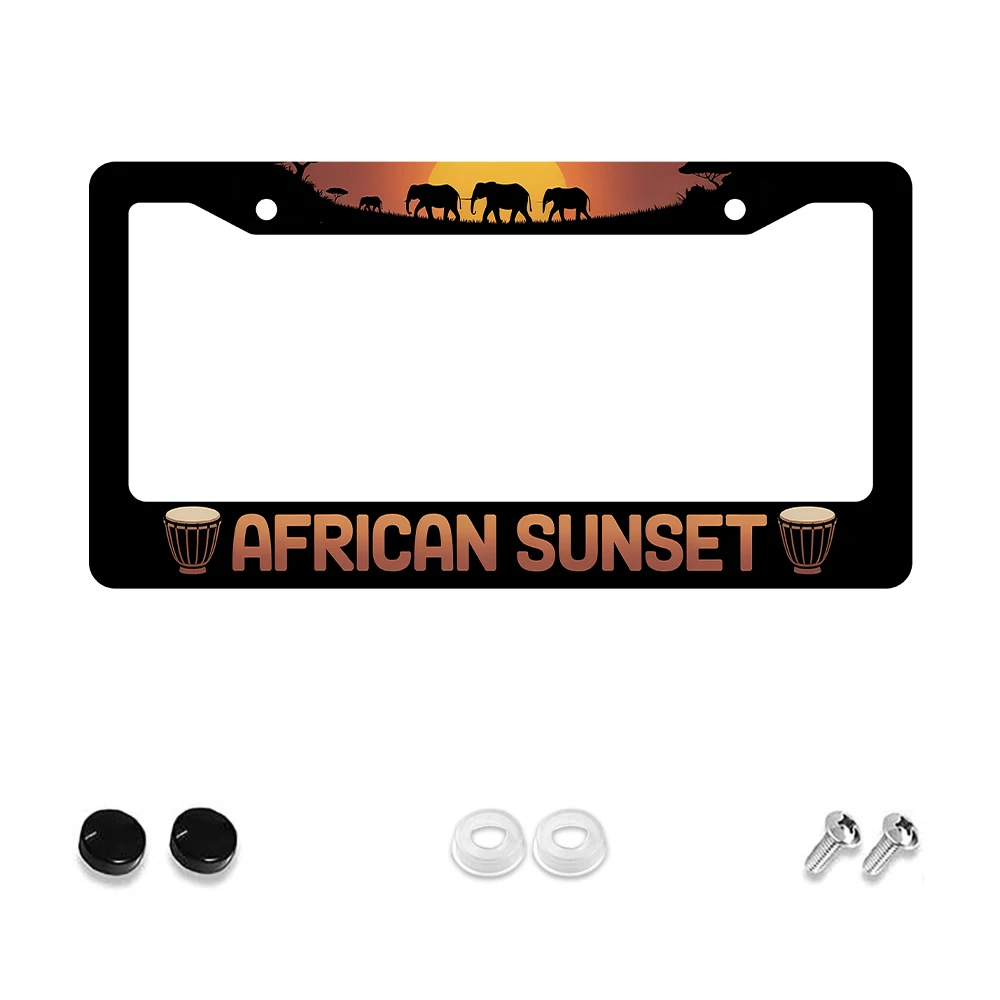 

1pc Black Aluminum 2-Hole License Plate Frame with African Sunset Elephant Pattern, 6x12 Inches, Includes Screw Kit, Retro Nove
