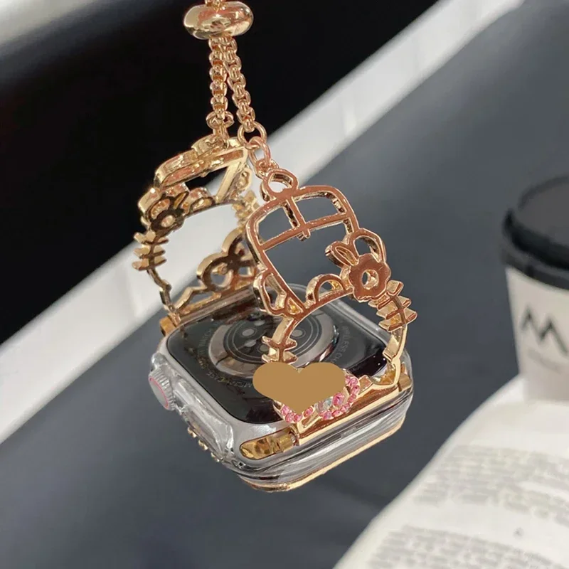 Ladies Diamond Strap for Apple Watch Band 49mm 42mm 40mm 44 45 46 Cute Cat Metal Link Bracelet for IWatch S10 9 8 7 SE with Case