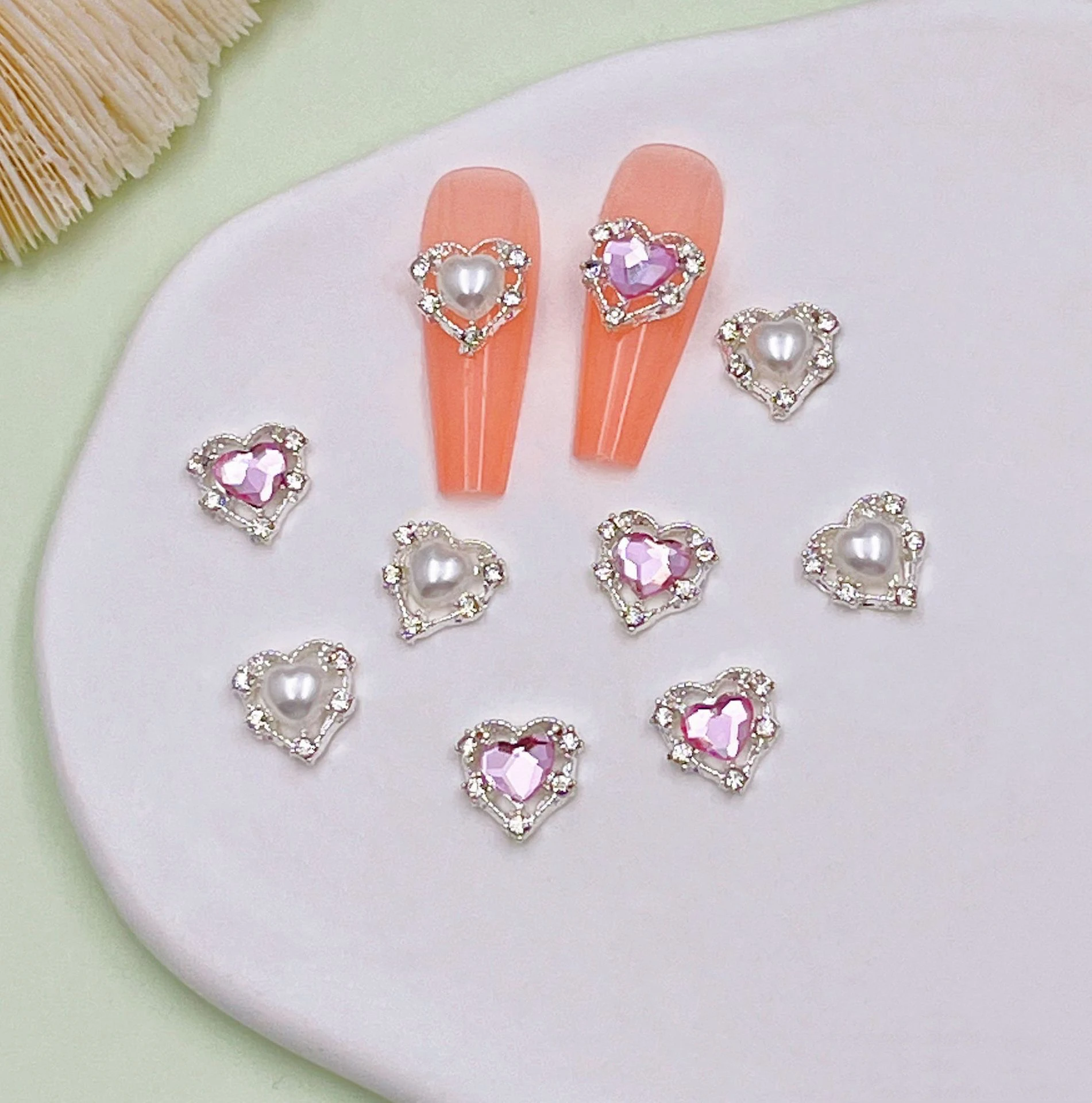 10pcs Valentine's Day Love French Arylic Fairy Princess Nail Art Accessories Peach Heart DIY Diamond Metal Decoration Charms