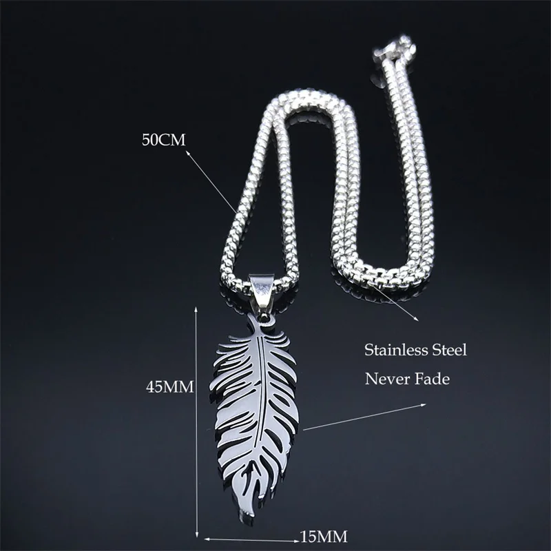 Boho Feather Pendant Male Necklace for Women Men Stainless Steel Silver Color Leaf Chain Jewelry Gift collar hombre N3393S01