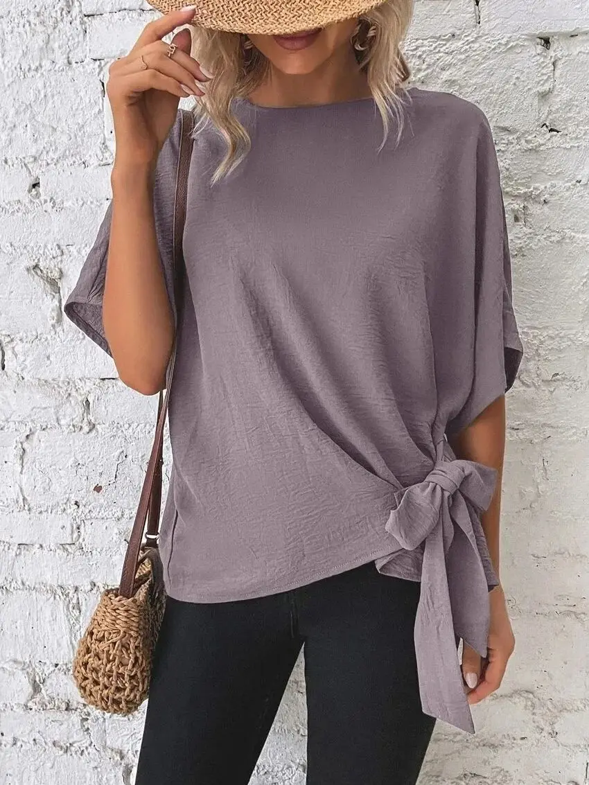 

Women's Casual Loose T-Shirt Round Neck Lace Up T-Shirt Bat Sleeve Tops Summer Breathable Comfortable Vacation Blouse