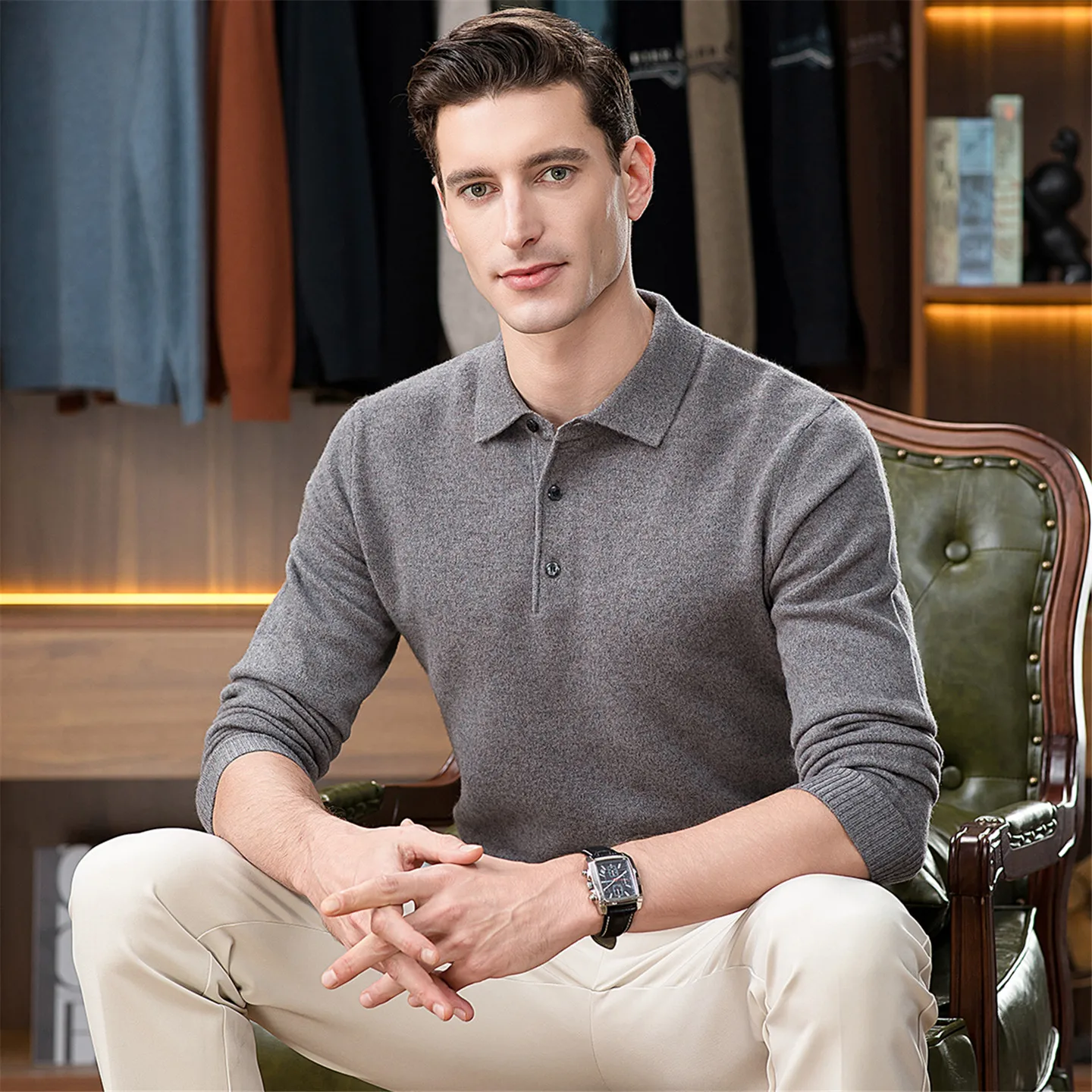 

Autumn and winter new 100% pure cashmere sweater men's high-end lapel sweater solid color bottoming shirt warm sweater