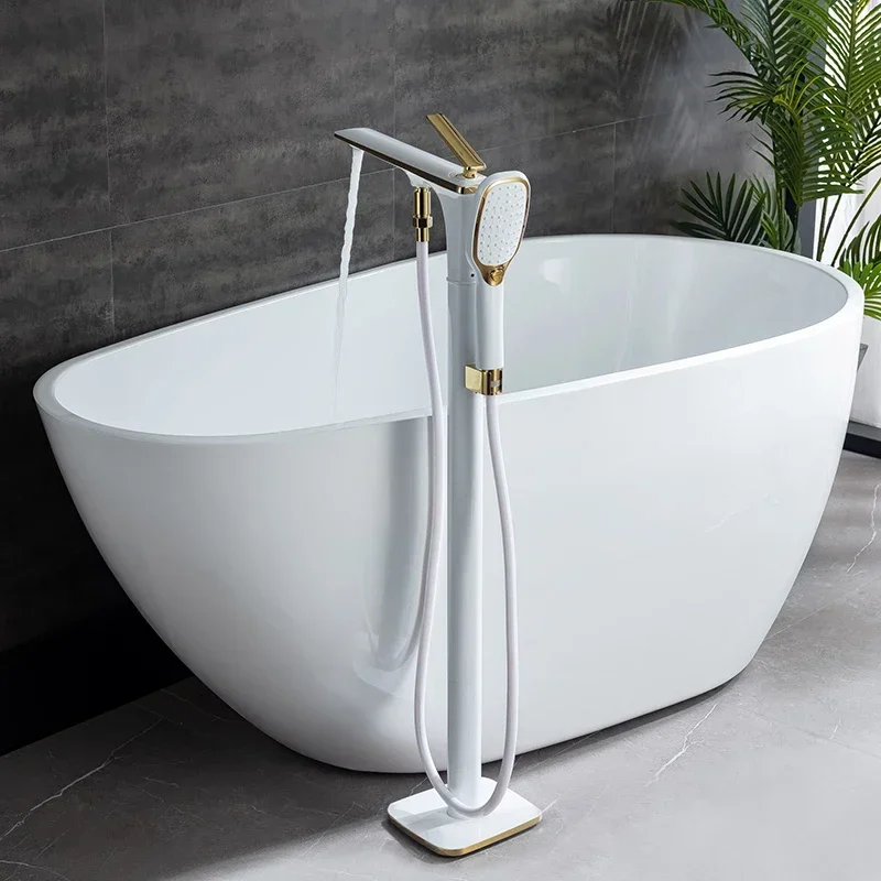 Nordic White Brass Floor Stand Type Sitting Bathtub Bath Faucet Rose Gold Black Floor Bath Mixer Hot and Cold Bathtub Tap Shower