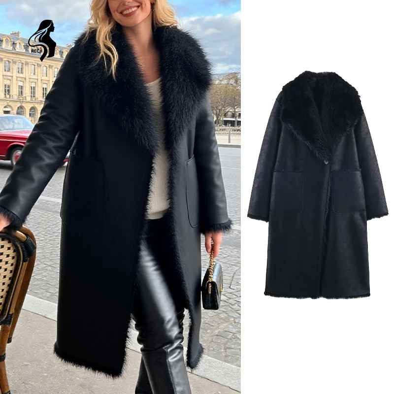 

Женское длинное пальто с флисом и кожаным воротником, двустороннее модное длинное пальто на осень и зиму, Trafizaran