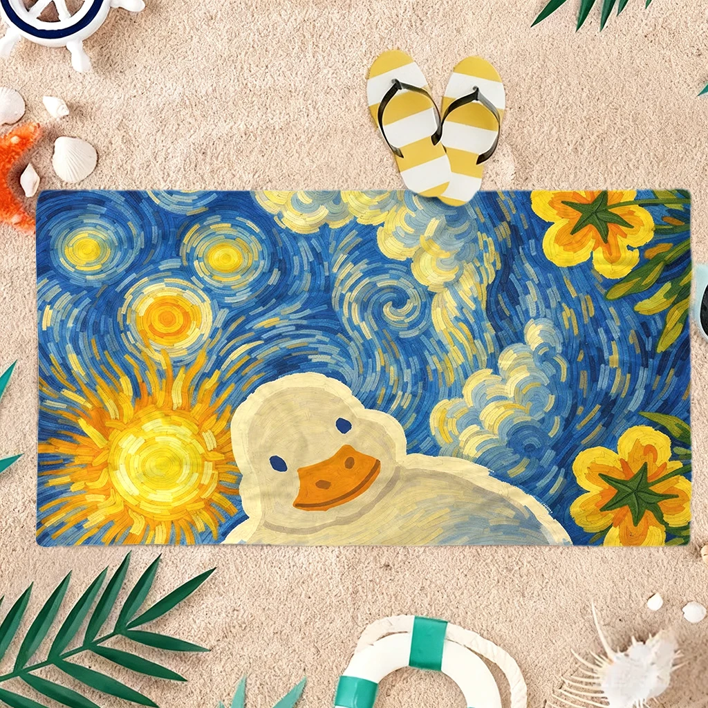 1PC For Van Gogh's Art Cute Duck Design Beach Towel Quick-drying Towel Suitable for Seaside Pool Camping Yoga For Family Friends