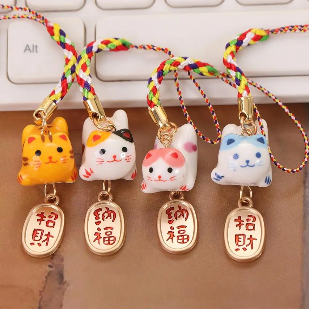 Ceramic Lucky Cat Phone Charms Fortune Short Lucky Cat Phone Chain Lucky Cat Trinket Fortune Cat Keychain Bag Charm