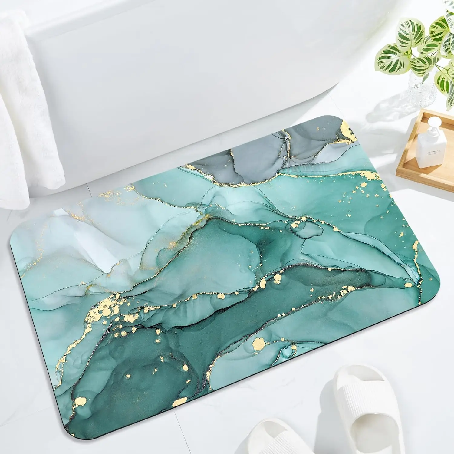High Quality Abstract Gold Marble Teal Blue Luxury Polyester Decorative Bath Mat Runner for Vanity and Home Decor Use
