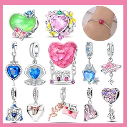 925 Sterling Silver Sparkling Pink Heart Charm Pendant Beads Fit Original Bracelet for Women Valentine Day Jewelry Gifts