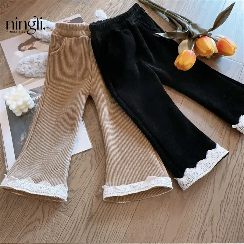 

Girls' Pants New Fashion Winter Baby Single-Layer Fleece-Lined Trousers Thickened All-Matching Children Bell-Bottom Pants Cordur