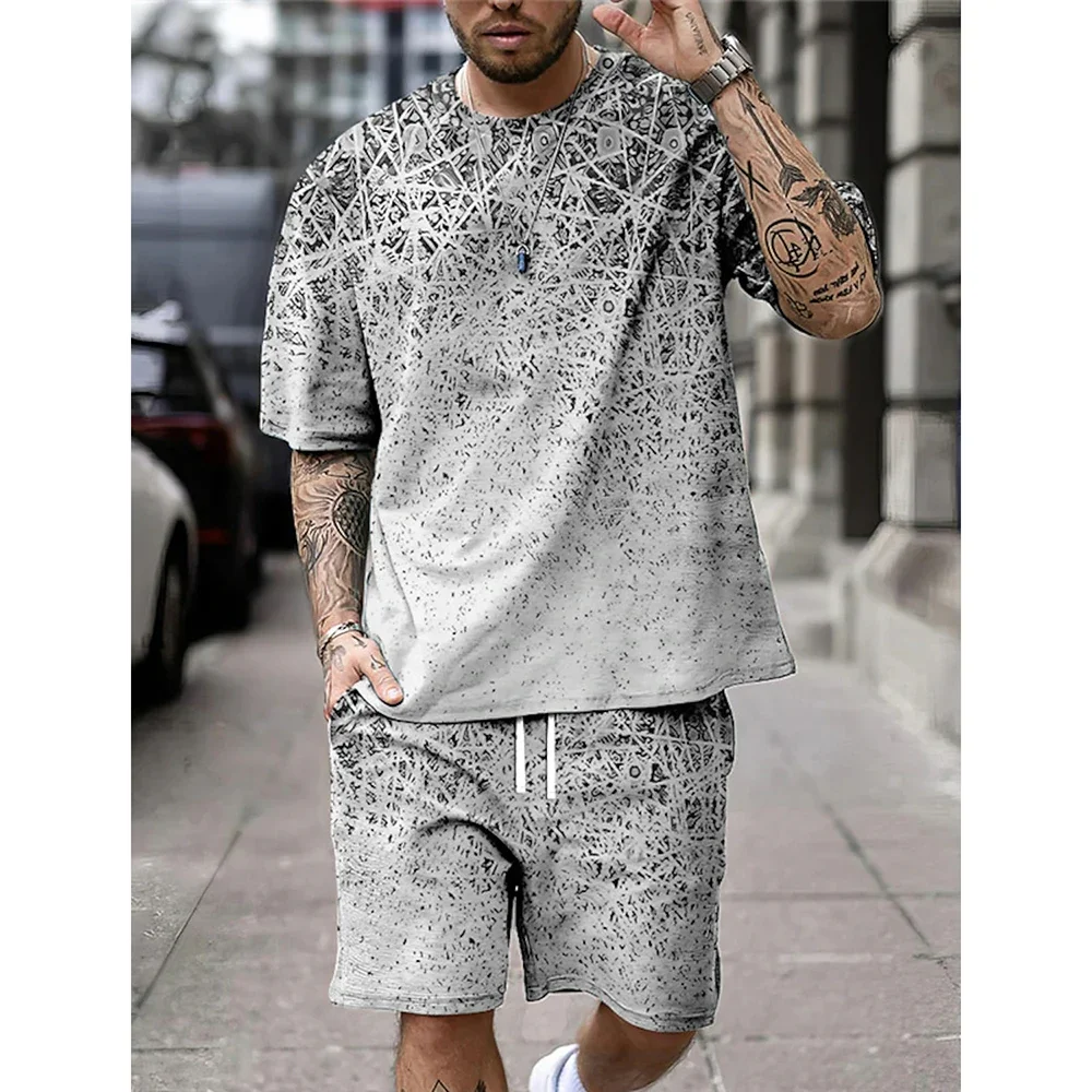 

Summer Fashion Retro Print Men's T-Shirt Set O-Neck Short-Sleeved Top And Shorts Everyday Street Commuter Casual Wear For Men