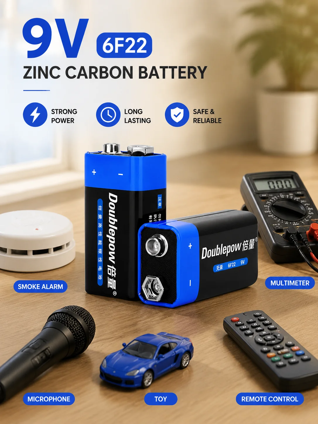 9V 6F22 Heavy Duty Zinc Carbon Battery Primary Dry Cell for Smoke Detector Multimeter Toy Remote Control