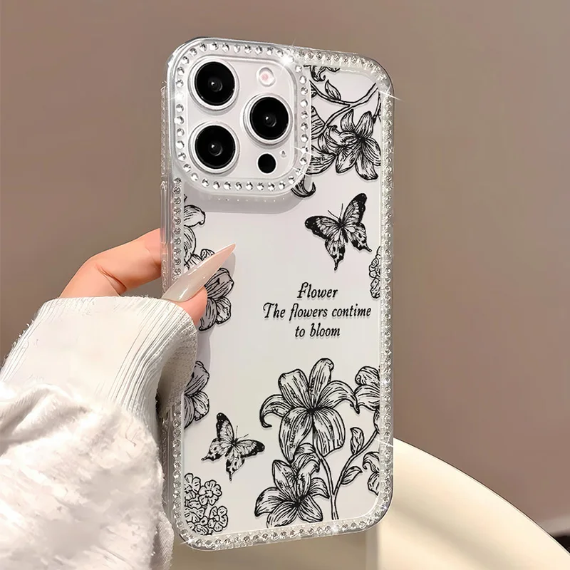 

INS Flower Butterfly Phone Case For iPhone 17 Pro Case iPhone 14 15 13 11 12 16 Pro Max 17 Air Luxury Bling Glitter Clear Cover