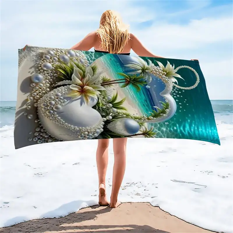 1PC Pearl Heart Coconut Tree Beach Towel Quick Dry Bath Towel Beach Vacation Photography Essential Elegant Tropical Design