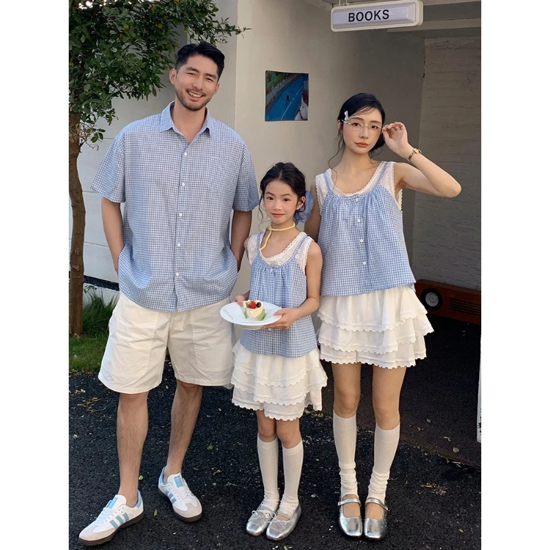 

Plaid Family Matching Shirts for Dad Son Lace Mini Skirts Mom Daughter Beach Vacation Photoshoot 3P Travel Matching Outfits