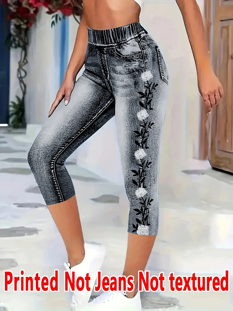 5199 [Calças Estampadas - Não é Tecido Jeans] Efeito de Bordado 2D, Tecido Não Jeans Estampado, Calças Leggings Femininas Longas
