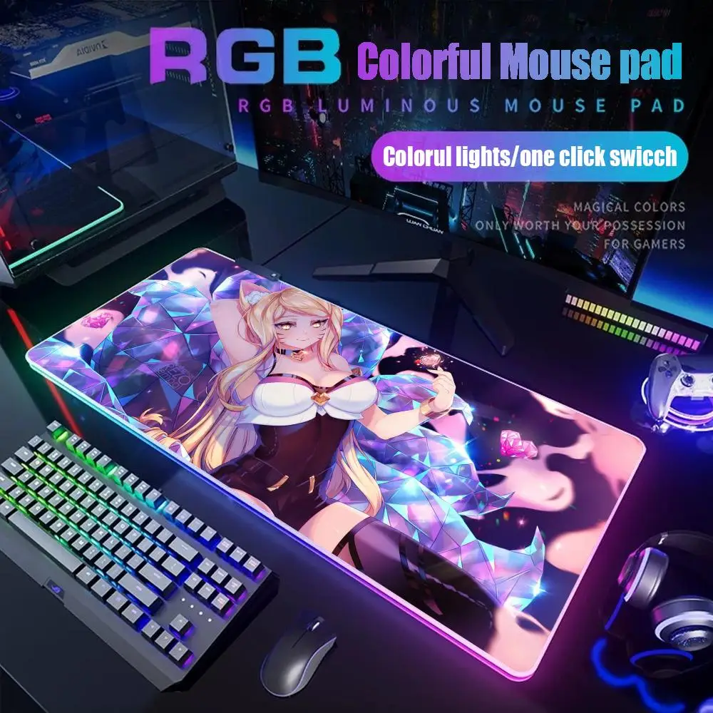 

KDA Ahri girl Mouse Pad Gamer Rgb Desk Mat Back Light Led Mousepad Setup Gaming Accessories Deskmat Big Mousepepad Backlight