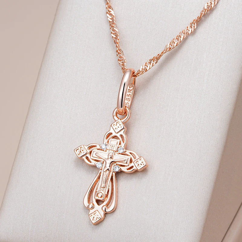 Kinel Luxury 585 Rose Gold Color Natural Zircon Cross Pendant Necklace For Women Orthodox Church Jesus Charm Daily Fine Jewelry