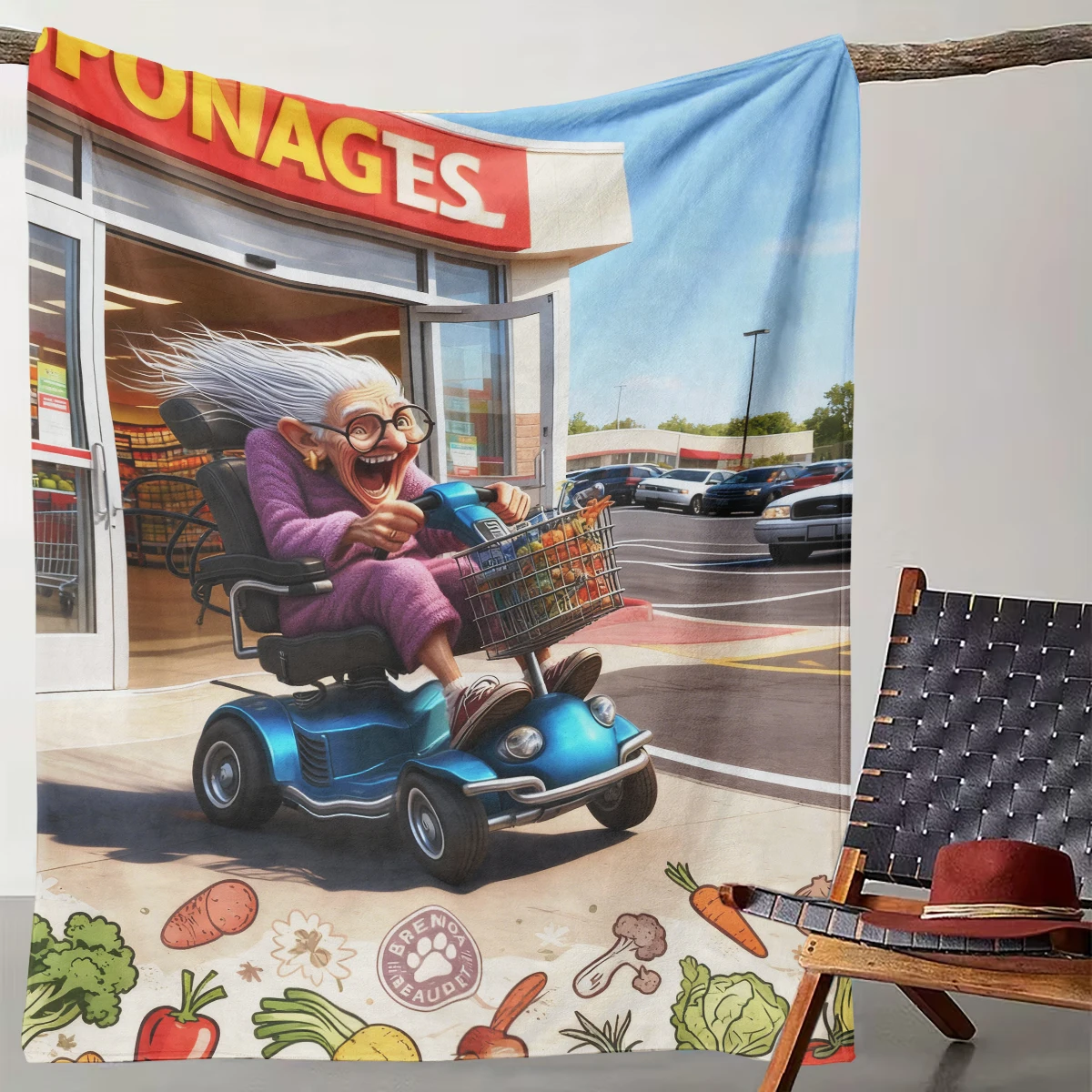 

1 Piece of Fun and Funny Old Lady Shopping Cart Blanket American Retro Supermarket Style Home Blanket Cross-border Creative