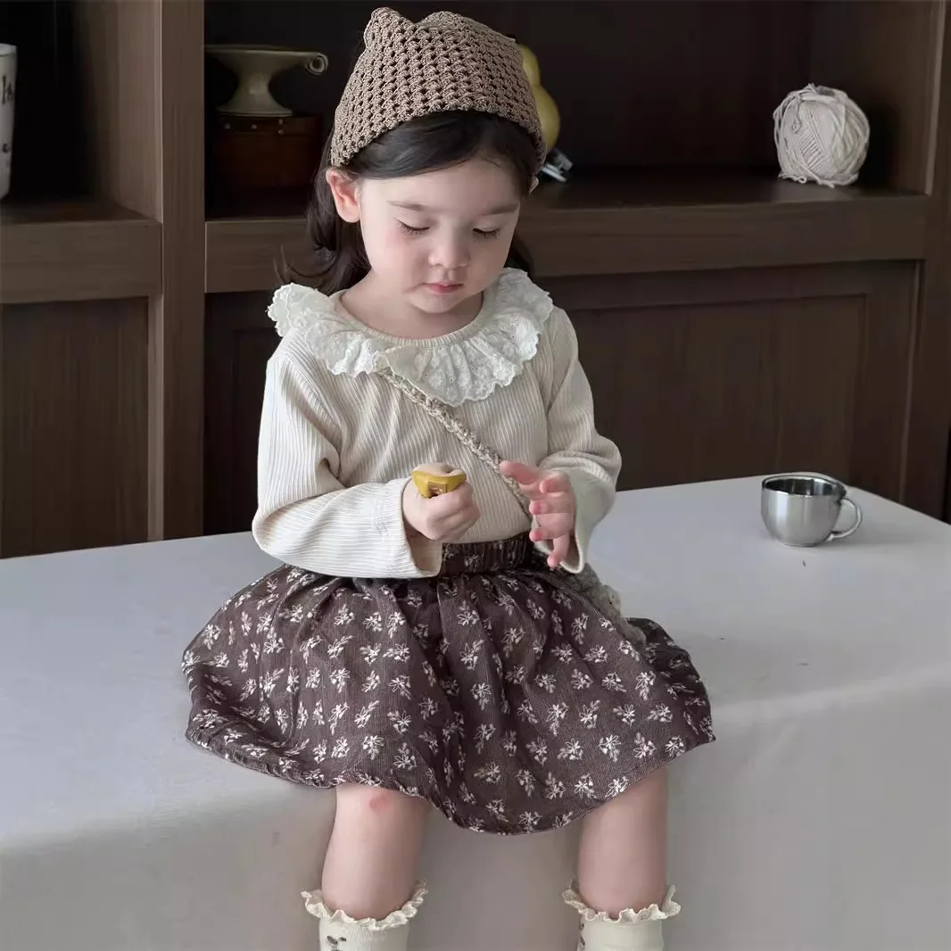 2024 Autumn New Baby Girl Floral Skirts Cotton Infant Girl Floral Print Skirts Suit Toddler Girl Lace Shirts Outfits