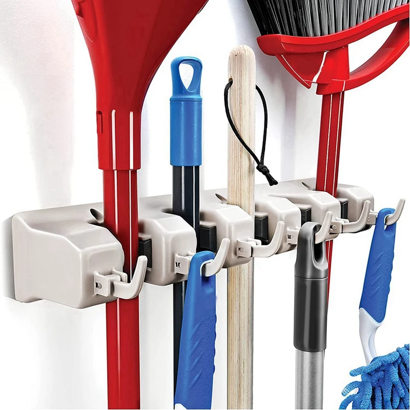 Mop And Broom Rack - Garage Storage System With 5 Slots, 6 Hooks - Gardening Tools For Homes, Kitchens, Garages, Laundry