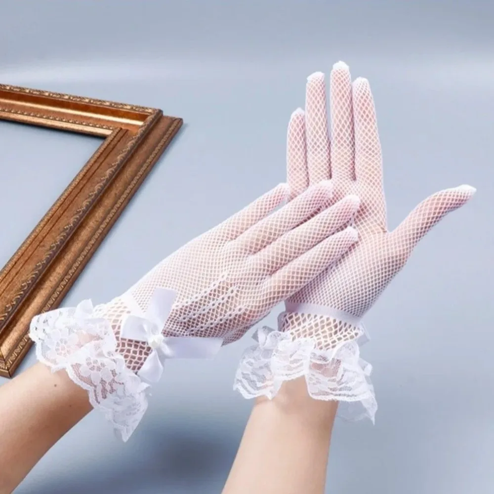 Stretchy Lace Women Driving Gloves Bow Tie Fishnet Mittens Hollowout Five-finger Wedding Gloves Summer