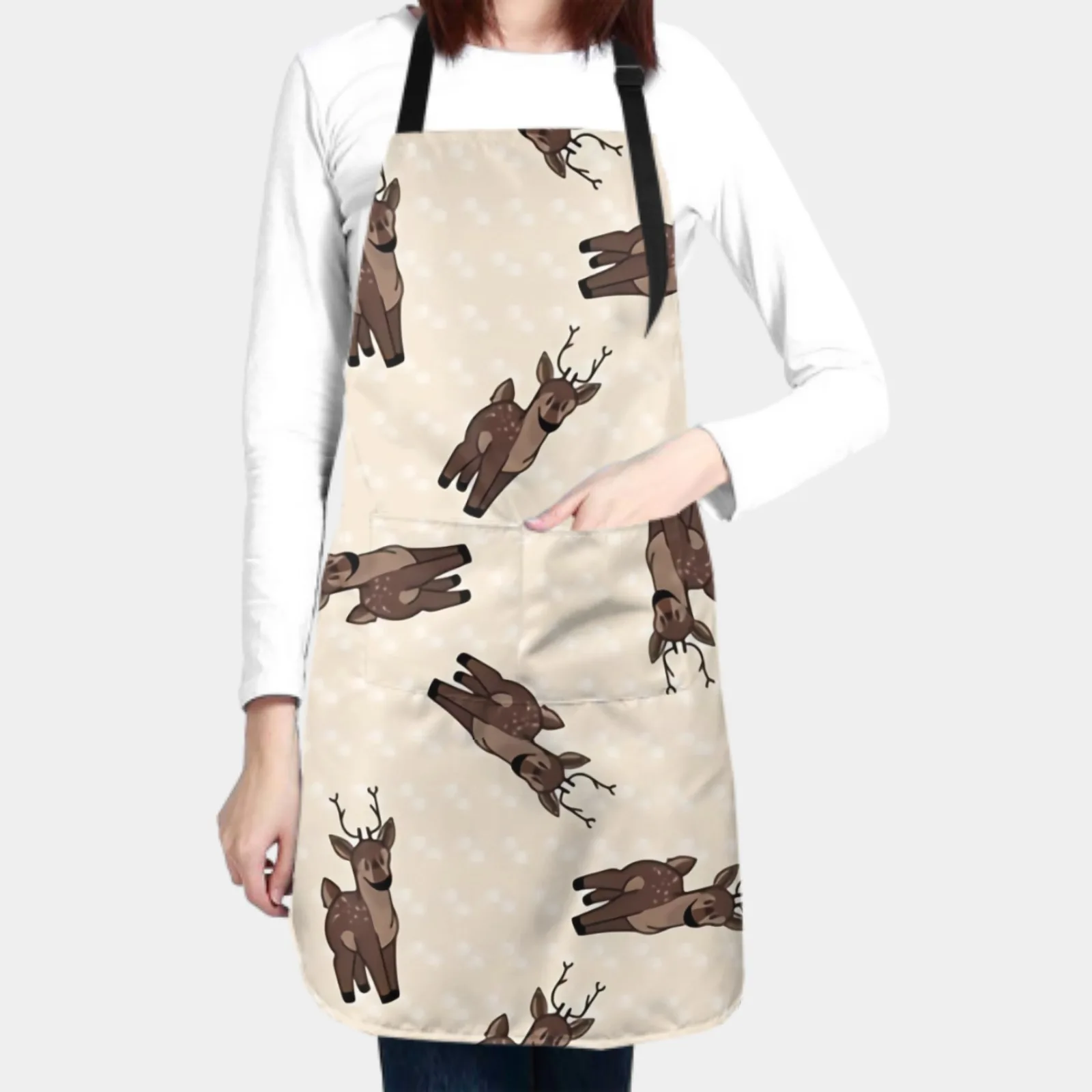 Deer Antler Waterproof Apron with 2 Pockets Kitchen Chef Apron Cartoon Apron for Hair Brushing Cooking Baking Painting Gardening