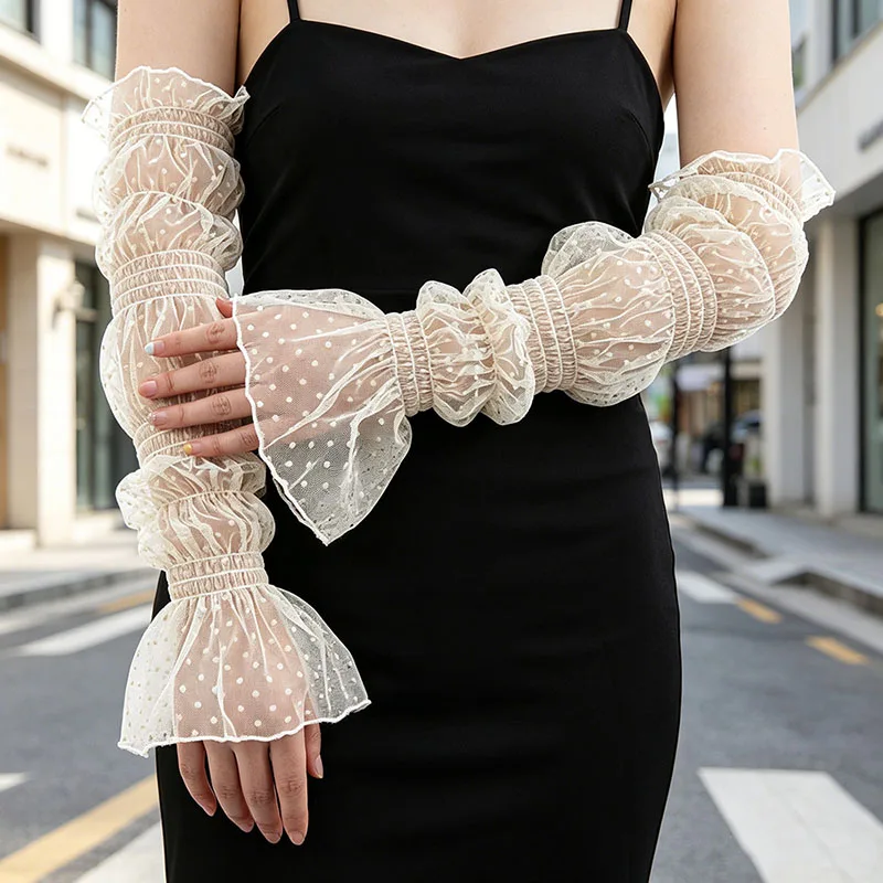 Summer Sexy Beige Lace Sunscreen Sleeves for Women Polka Dot Thin Breathable Mesh Fingerless Gloves Driving Arm Sleeves