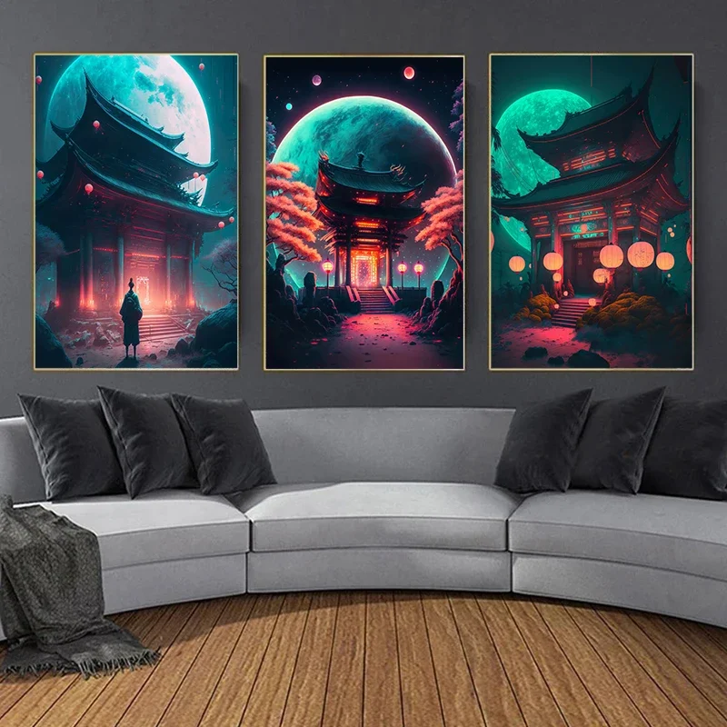 Abstract Cyberpunk Temple Painting Canvas Poster Traditional Architecture Wall Art Picture for Living Room Bar Modern Home Decor