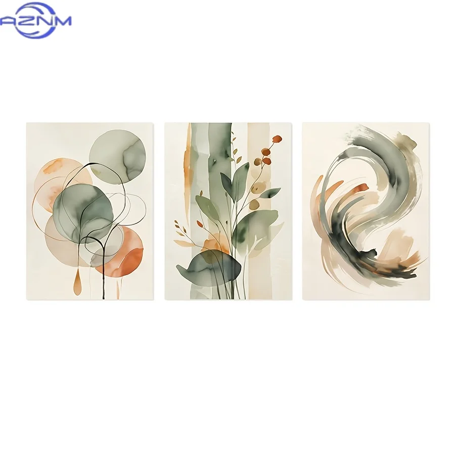 3pcs/set, Beige & Sage Abstract Watercolor Wall Art, Botanical And Geometric Prints, Living Room Decor, Japandi Zen Wall Decor,