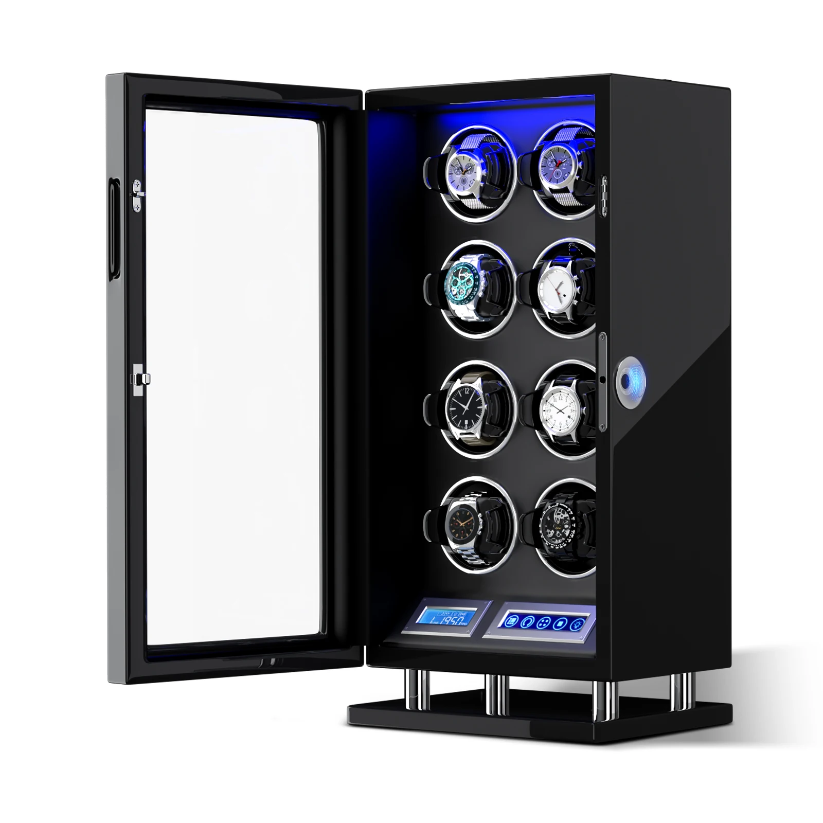 Kotak Penyimpanan Penggulung Jam Otomatis untuk 8 Jam Tangan, Buka Kunci dengan Sidik Jari dengan Motor yang Tenang dan Lampu LED.