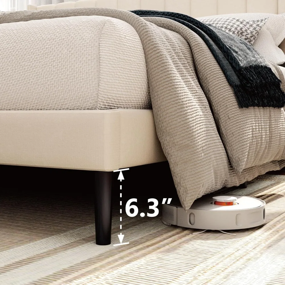 Queen Bed Frame with Headboard,Bed Frame Queen Size Vertical Channel Tufted Wingback No Box Spring Needed, Bed Frames