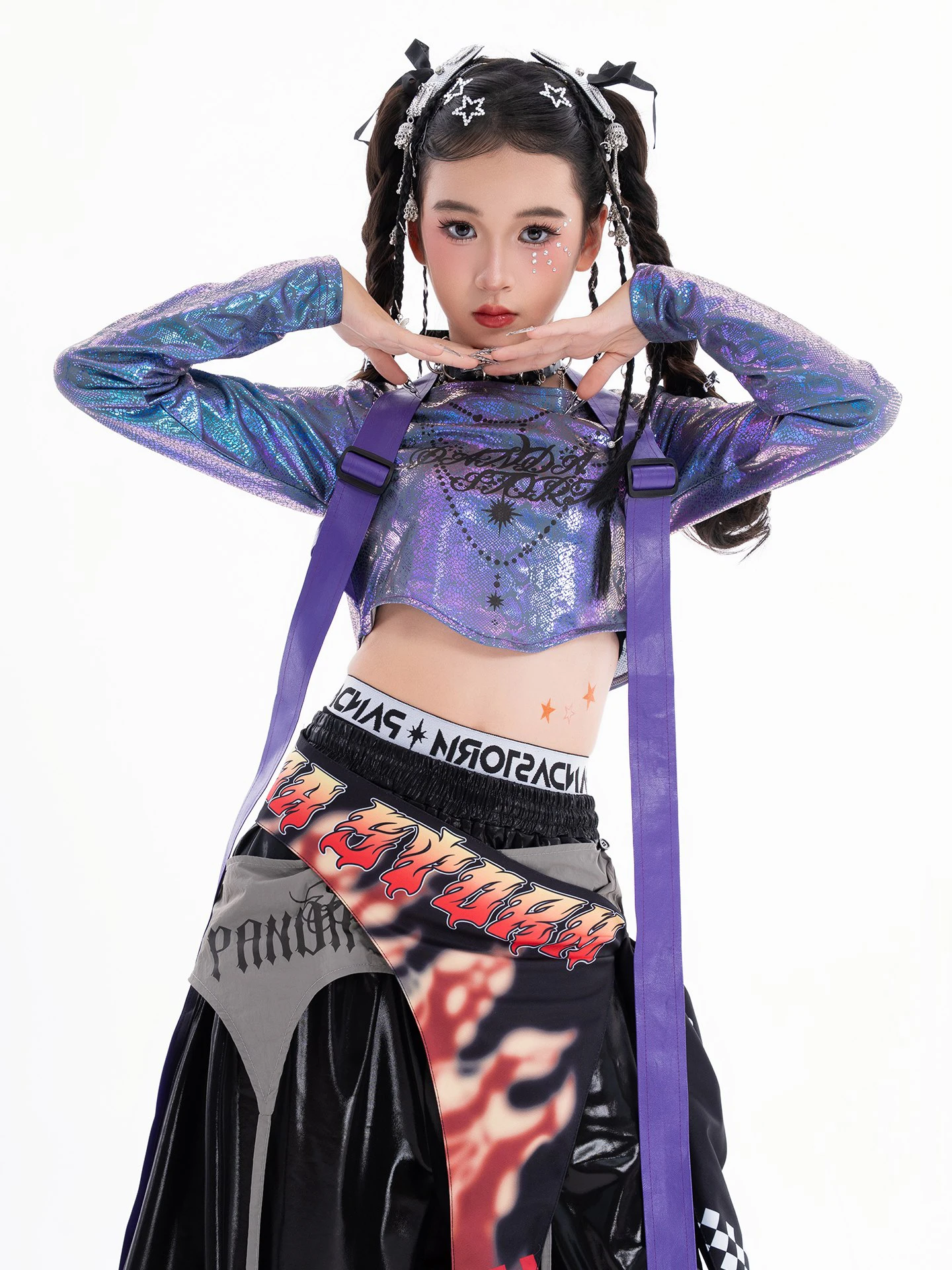 Mode Mädchen Hip Hop Dance Kleidung Nabel Tops Lange Ärmel Leder Hosen Jazz Leistung Kostüm Kpop Bühne Outfits BL17795