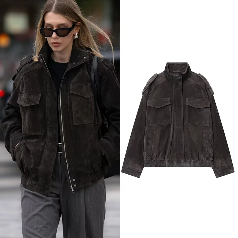 HipSeam 2025 الخريف المرأة معطف غير رسمي موضة الصلبة الكاكي سستة جيوب مطاطا هيم الجلد المدبوغ امرأة خمر اقتصاص سترة الشارع