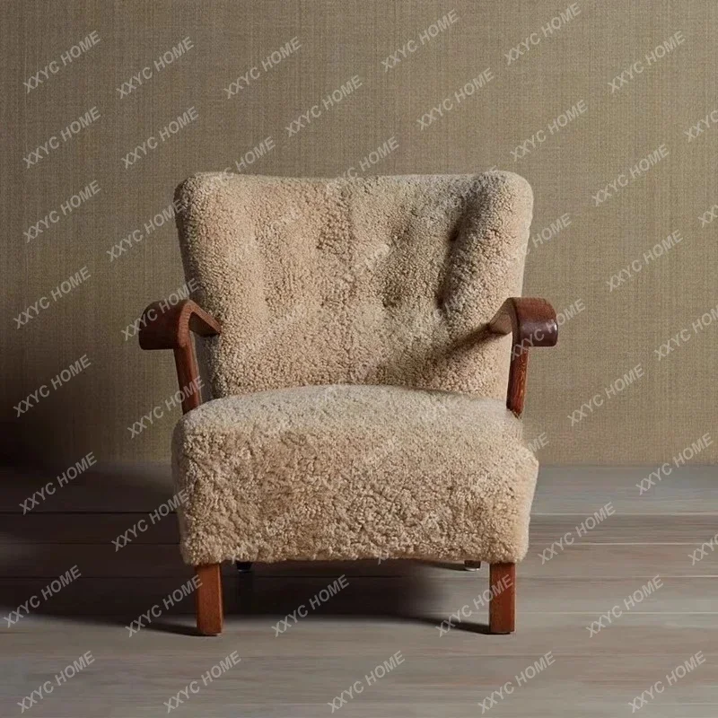 

Medieval solid wood small apartment lamb wool single sofa chair light luxury modern living room sofa chair
