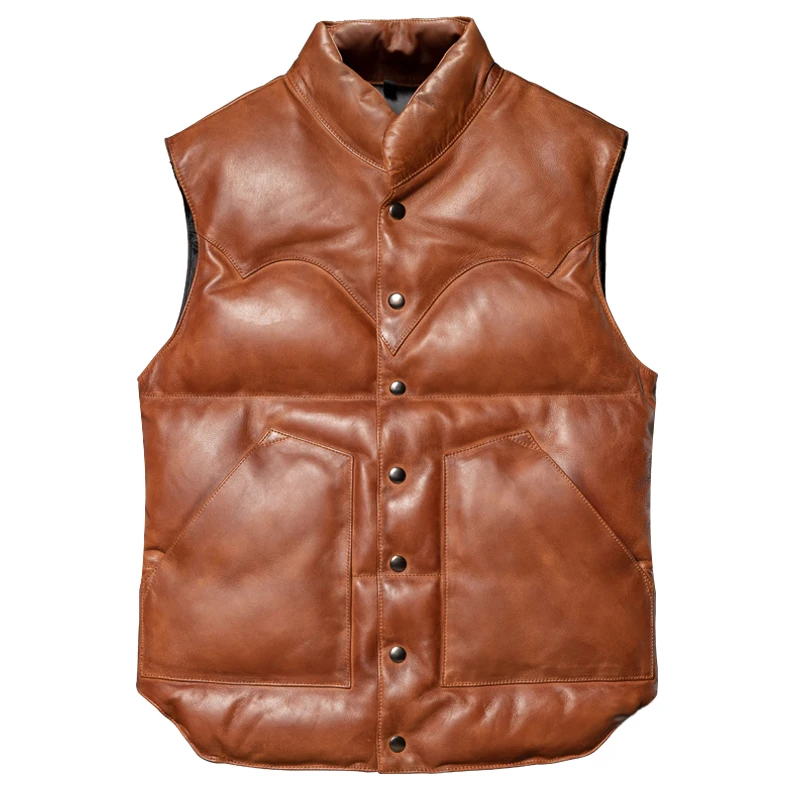 Brown Winter Leather Vest Men Retro Style Plus Size 5XL Genuine Natural Sheepskin Stand Collar Single Breasted Warm Down Vest